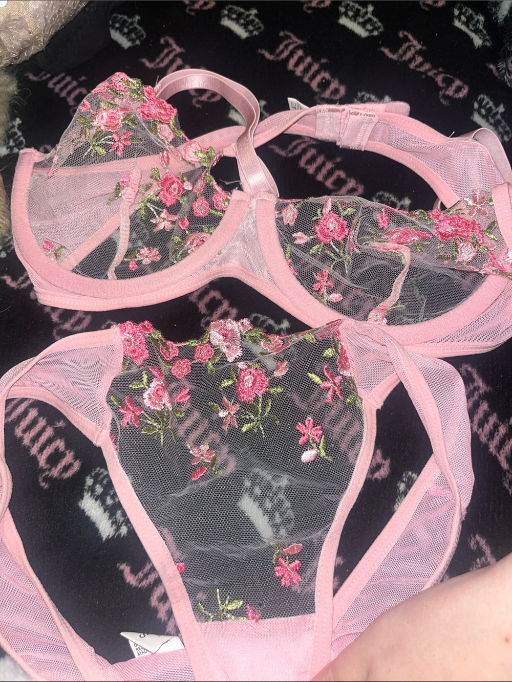 NEVER WORN Fashion Nova Pink Sheer Floral Embroidered Bra & Bikini Panty Set